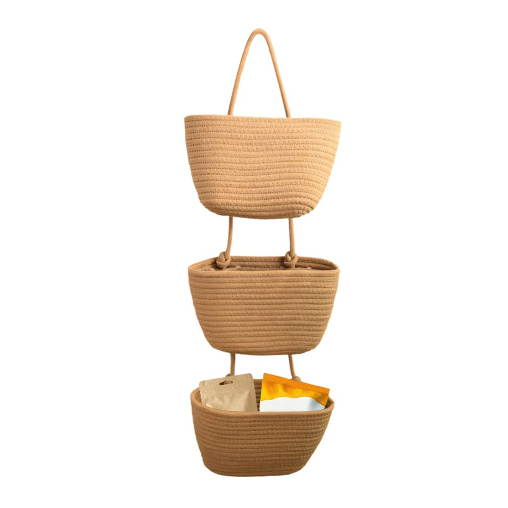 Over The Door Organizer Hanging Basket, 3-Tier Fabric Wall Mounted Hanging Organizers Small Woven Baskets Pouches for Bathroom Bedroom Playroom