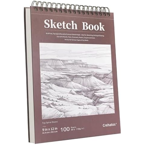 Crehatos 9" x 12" Sketch Book, Top Spiral Bound Sketch Pad, 100 Sheets 68lb/100gsm Drawing Paper, 1 Pack Cover