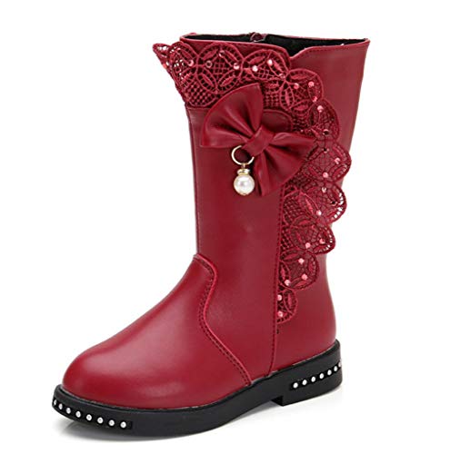 Kids Girl's Waterproof Lace Bowknot Side Zipper Fur Lined Tall Winter Riding Boots Fashion Warm Bootie