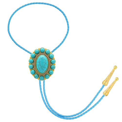 Image of GelConnie Bolo Tie for Men Women Western Cowboy Turquoise Leather Necktie | Natural Stone Bolo Tie Necklace for Women Rodeo Cowboy Leather Necktie Native American Western Cowgirl Ties Adjustable Cord