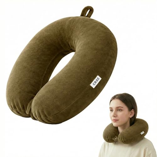 Image of CRAE Soft Fibre Filled Neck Pillow for Car, Train, Flight Travel, Neck Support Rest Pillow with Attachable Snap Strap | Pack of 1 | Tan Brown