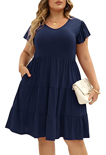 Image of Celkuser Womens Plus Size Summer Casual Midi Dress Short Ruffle Sleeve Tiered Empire Waist T-Shirt Dress with Pockets