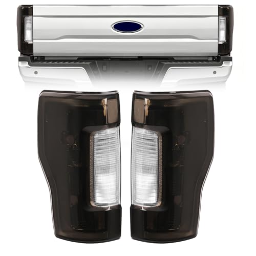 ALMULOO Tail Light Pair Compatible with 2017-2019 Ford F250 F350 F450 Super Duty Pickup Smoke Lens Chrome Housing Truck Rear Tail Lamp w/o Blind Spot Replacement for FO2800256 FO2801256 LH&RH