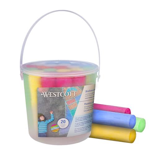 Westcott tiza de carretera | 20 tizas de colores para niños en un práctico cubo de transporte | fáciles de lavar | aptas para asfalto, pizarra o piedra | E-744981 00 ✅