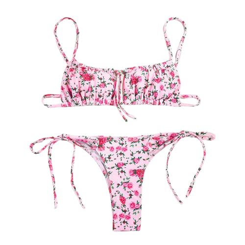 Generisch Bikini para mujer de cintura alta, trajes de baño de dos piezas, estampado floral, bikinis triangulares sexys, Rosa., L