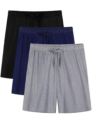 3 Pack Mens Pajama Shorts, Soft Sleep Shorts with Pockets Elastic Waist Drawstring Lounge Dry Fit Sleepwear Bottoms