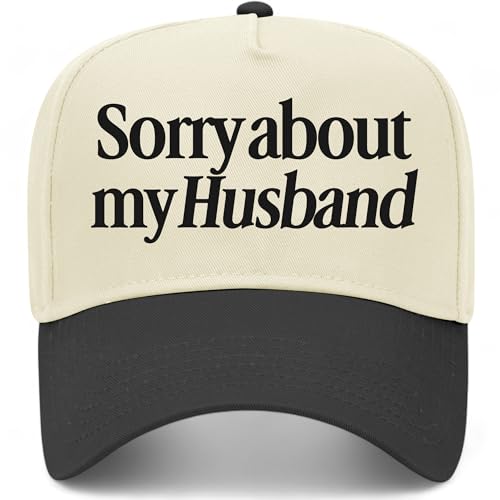 Sorry About My Husband Vintage Trucker Hat | Premium Snapback Baseball Hat for Women Mothers & Wives (US Alpha One Size Black/Natural)