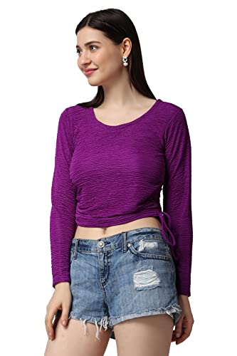 Image of POPWINGS Casual Self Design Regular Fit Polyester Full Sleeves Crop Tops for Women with Crush String