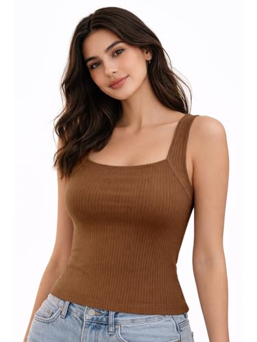 Image of Sizi Women's Ribbed Knit Tank Top with Built-in Padded Support, Square Neck Sleeveless Crop Top, Brown