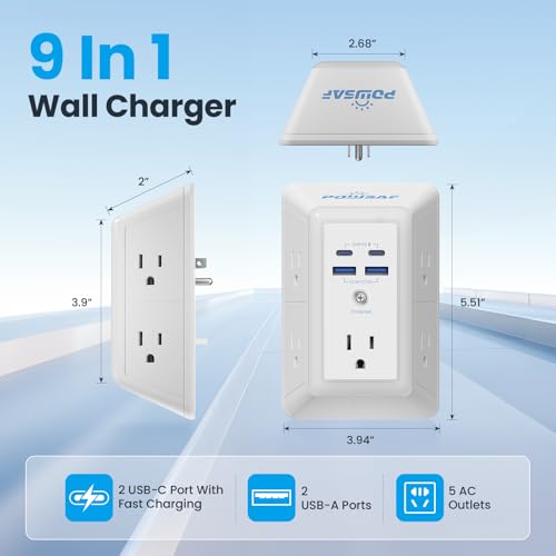 Multi Plug Outlet Surge Protector - POWSAF 5 Outlet Extender with 4 USB Ports(2 USB-C PD 20W) and Night Light, 3-Sided Power Strip with Adapter Spaced Outlets - ETL, White - image 2
