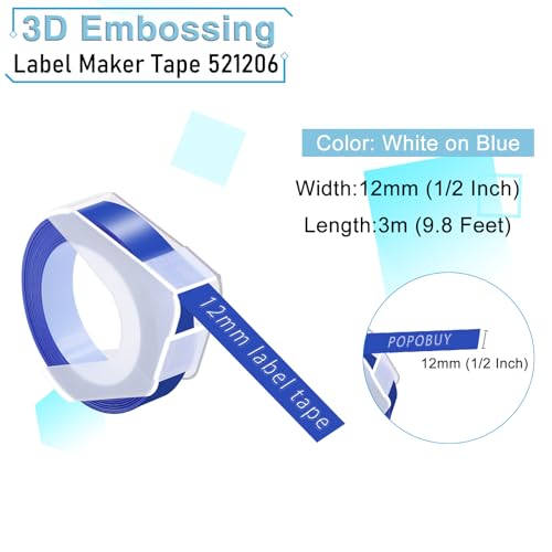 POPOBUY Embossing Label 1/2 Inch A521206 Compatible for DYMO 3D Plastic Emboss Tape 521206 White on Blue, 12mm x 3m for Office Mate II 1540 154000, MoTEX E101 E404 Label Makers