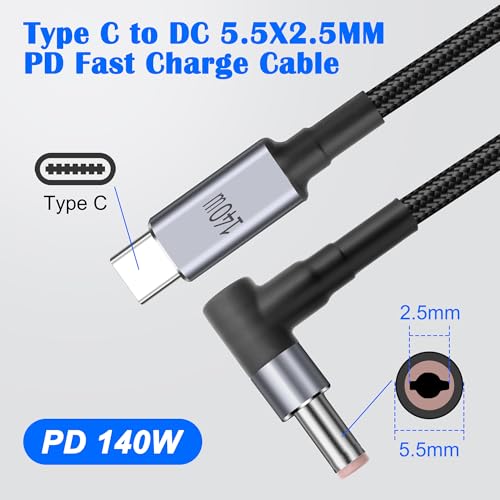 MEIRIYFA kabel USB C do DC 5,5mm x 2,5mm, kabel zasilający PD 140W USB typ C wejście do DC 5,5x2,5mm wyjście kabel zasilająco-ładujący do telefonów, tabletów, laptopów, routerów (1,8M)