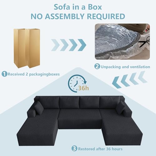 Image of 125 inch W Boneless Cloud Sectional Couch Modular Sofa with Ottoman | Modern U-Shaped Couches, Comfy Corduroy Memory Foam Sofas with Oversized Chaise for Living Room (Black, Left-Facing Chaise)
