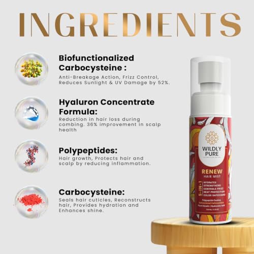 Image of Wildly Pure Renew 5 in 1 Heat Protection Spray Mist with Polypeptides & Hyaluronic Acid | Heat Protection, UV Protection, Frizz Control & Color Protection | Sulphate & Paraben Free | 100 ml (Renew Hair Mist)
