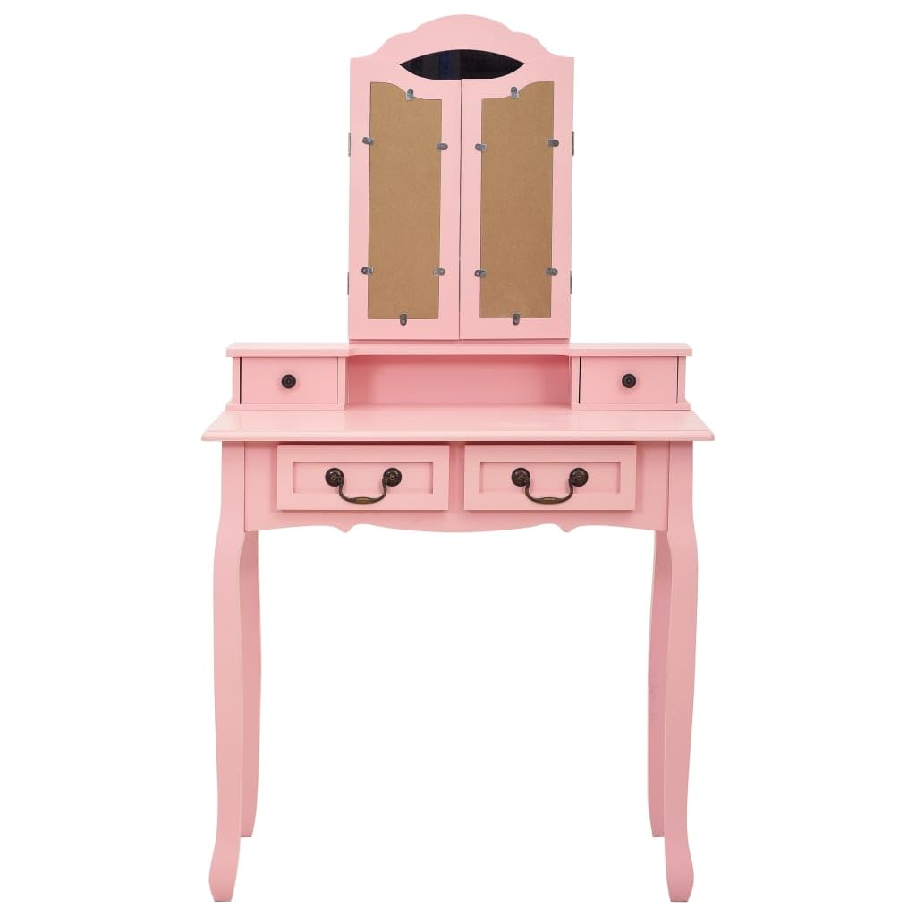 Coiffeuse avec tabouret, rose, 80 x 69 x 141 cm, en bois de paulownia, avec miroir, commode, espace de rangement pour maquillage, bijoux, parfum et accessoires de beauté pour chambre à