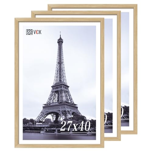 Image of VCK 27x40 Poster Frame Solid Wood Natural 3 Pack Picture Frames 27 x 40 Inches with Wall Mounting Hanging