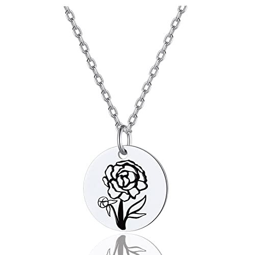FindChic Birth Flower Disc Necklaces for Women September Peony Guardian Month Floral Pendant Sterling Silver Dainty Round Coin Medal Jewelry Birthday Gifts for Mom