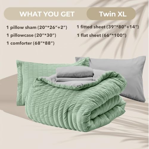 Image of HYMOKEGE Sage Green /Light Grey Twin XL Comforter Set Seersucker 5 Pieces, All Season Luxury Bed in a Bag for Bedroom, Bedding Set with Comforter, Sheets, Pillowcase & Sham