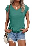 AUTOMET V Neck T Shirts for Women Spring Summer Fall Tops Teacher Work Business Dressy Casual Blouses Basic Tees Boho Fashion LakeGreen XL