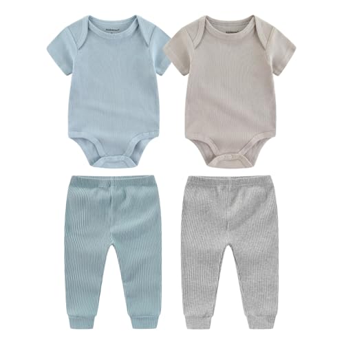 Newborn Baby Layette Set 4-Piece with Bodysuits and Pants Set for Unisex Baby Gift Sets