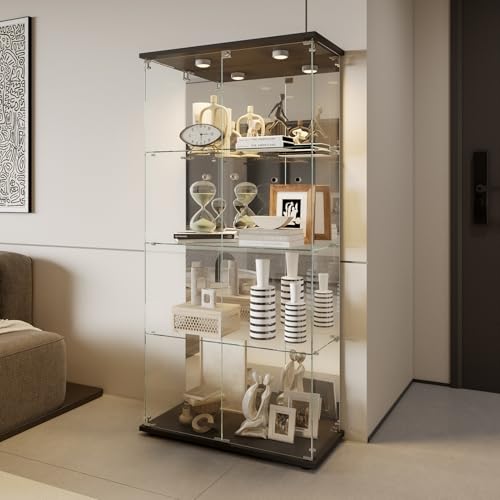 Vitrine en Verre avec Led,Armoire vitrine Pour Collection avec 2 Porte 4 étagères Transparent Meuble Vitrine Verre vitrines Figurine Armoire Salon Bar (4 étages 2 porte+LED effet miroir, noir)