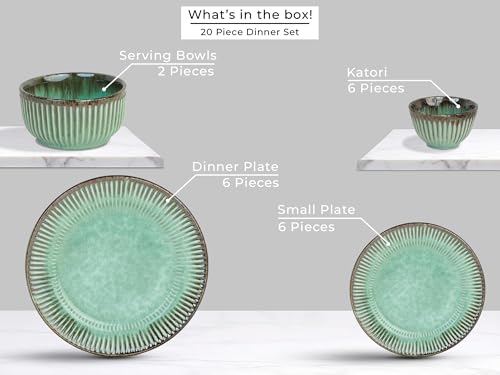 Image of Bodhi House Premium 20-Piece Stoneware Dinner Set Serving for 6 - Handcrafted Ceramic Plates, Bowls & Serving Bowls | Microwave & Dishwasher Safe | Elegant Modern Tableware Crockery Turquoise Green