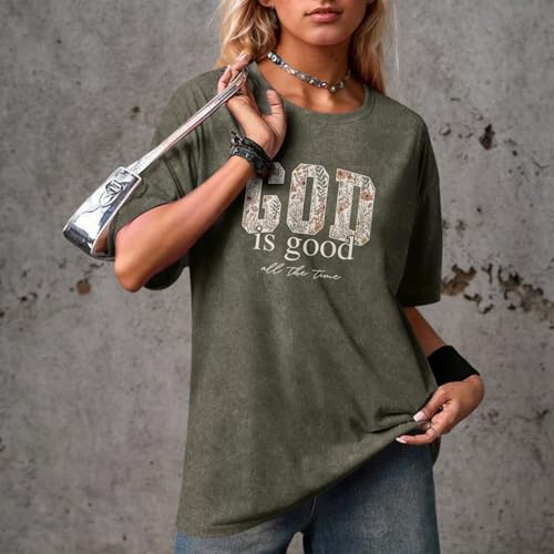Image of Christian God is Good Shirts for Women Jesus Faith Religious T Shirts Floral Graphic Oversized Acid Washed Tee Tops