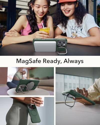 Image of ESR for iPhone 16 Pro Max Case, Silicone Case with Stand, Compatible with MagSafe, Built-in Camera Stash Stand, Magnetic Phone Case for iPhone 16 Pro Max, Cloud Series, Green