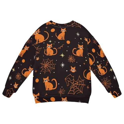JUNZAN Halloween Cats Orange Black Spiders Web Big Boys Sweatshirts Hoodies Crewneck Sweatshirt With Hoodie Camping 4T2