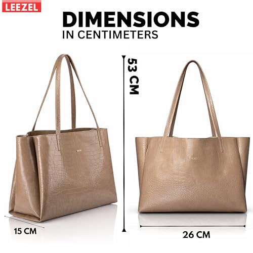 Image of LEEZEL Women's Structured Tote Bag - Large Capacity Work & Travel Purse Croco Pattern Vegan Leather Stylish Tote Bag Classic Everyday Shoulder Bag