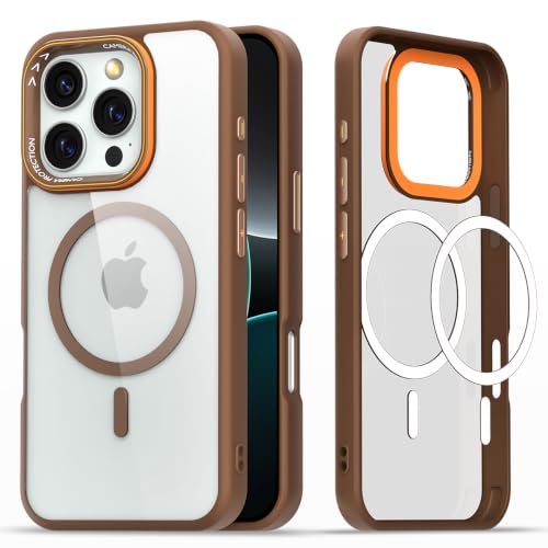 Image of Pikkme Back Cover for iPhone 16 Pro Max | Shockproof | Mag-Safe Compatible | Hard Transparent Back | Premium Raised Camera Protection | Bumper Case (Brown Mag-Safe)