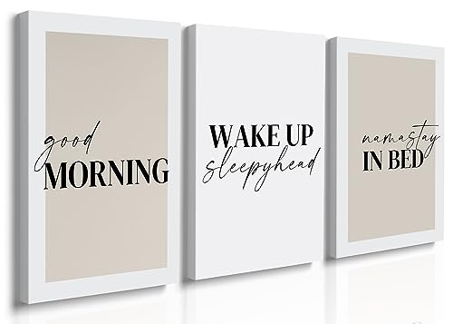GUBIYU Bedroom Prints Set of 3, Above Bed Decor, Good Morning Namastay in Bed Canvas Wall Art, Beige and White Minimalist Nursery Prints 12"x16"