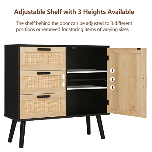 Iwell Storage Cabinet With Rattan Door & 3 Drawers, Mid Century Modern Storage Cabinet With Adjustable Shelf, Rattan Storage Cabinet For Living Room, Bedroom, Hallway, Home Office, Black #TOP4