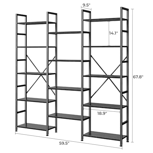 Image of SUPERJARE Triple Bookshelf, Bookcase with 14 Open Display Shelves, Wide Book Shelf Book Case for Home & Office, 5 Tier, Black