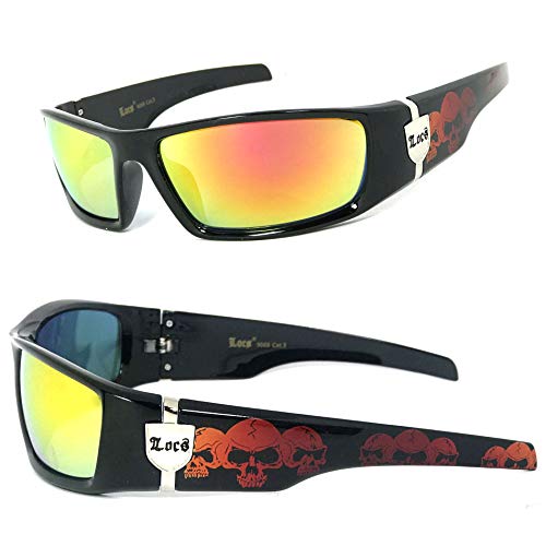 Locs Men Dark Lens Gangster Black OG Sunglasses Biker Skull Pattern ON The ARMS (Black, Red Fire)