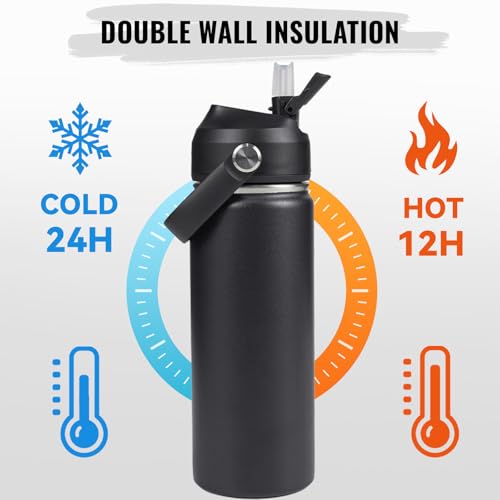 18oz Insulated Stainless Steel Water Bottle, Wide Mouth Double Wall Vacuum, Silicone Straw, Sweat & Leak Proof, BPA Free Insulated Water Flask for Travel, Keep Cold 24h Hot 12h, Black - Image 6