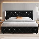 HOMBCK Queen Bed Frame with Headboard, Velvet Upholstered Bed with Wingback and Diamond Tufted Design, Wood Slat Support, No Box Spring Needed, Black
