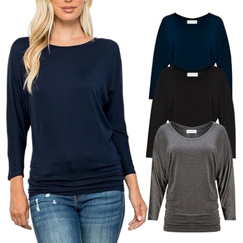 Free to Live 3 Pack Dolman 3/4 Sleeve Business Casual Tops for Women Shirts Fall Dressy Tunic (XL, Black, Charcoal, Navy) Cover