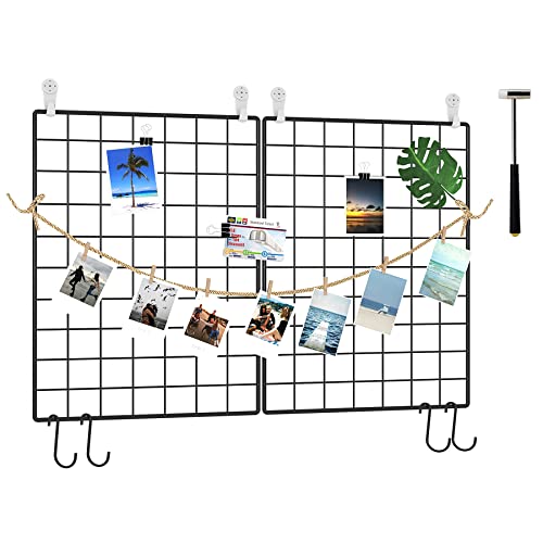 C&AHOME Photo Wall Grid Panel Set of 2, Decor Grid Panel, Photo Display Shelves, Hooks, Clips, Hemp Cord, Hammer, 15.7' 11.8', Black UWWGM3402B