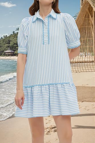 Image of EZAPINE Women Striped Shirt Dress Summer Button Down Collared Short Puff Sleeve Ruffle Hem Casual Flowy Mini Dress