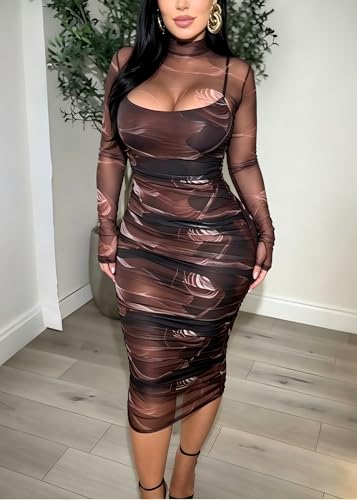 Image of MOEENCN Sexy Long Sleeve Midi Dress for Women Sheer Mesh Printed 2 Piece Skirt Set Crew Neck See Through Bodycon Party