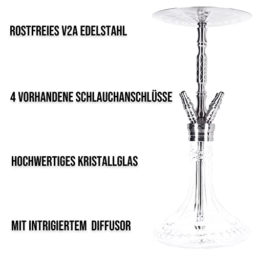 Premium Shisha aus Edelstahl von LUNA HOOKAH | Wasserpfeife Komplettset 4 Schlauch Anschluss edles Design Inkl. Schlauch - Mundstück - Zange - Steinkopf - Diffusor - Kaminaufsatz - Molassefänger – Bild 4