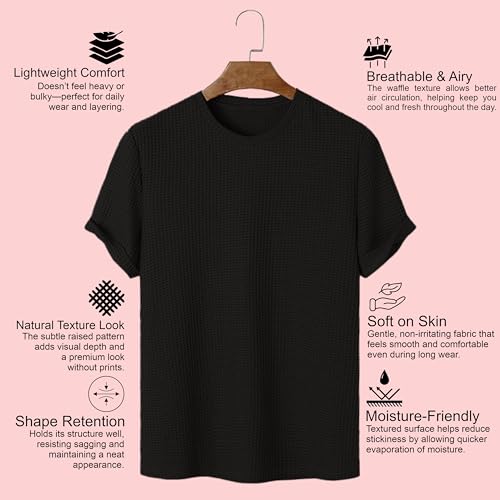 Image of London Hills Men's Waffle Textured T-Shirt | Solid Regular Fit Round Neck Half Sleeve Casual Wear Tee | Soft, Breathable & Lightweight Fabric