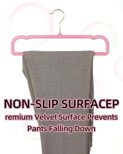 Image of Felt Hangers Pink Velvet Hangers, Cute Pants Hanger, 20 Pack Chic Hangers | 360 Rotatable Golden Hanger for Jean Slack Closet, Anti-Slip Lightweight Padded Slim Space Saving Flocked Trouser Hangar