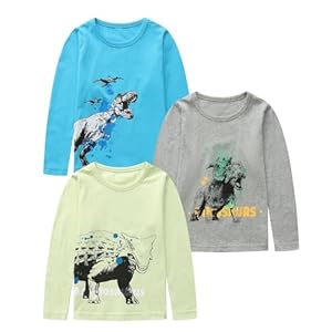 Boys Long Sleeve Shirts, Casual Cotton Tshirts Cartoon Graphic Crewneck Tops Tees Shirt for Kids Toddler Boy 3 Pack