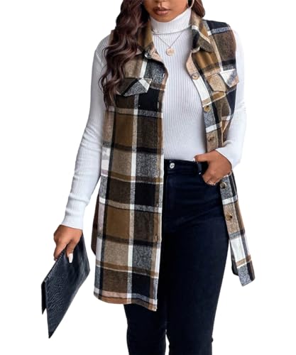 Mina Self 2025 Women's Fall Flannel Plaid Vest Tops - Sleeveless Long Single Breasted Casual Fashion Jackets with Pockets3
