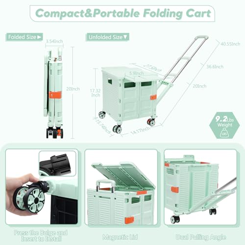 SELORSS BY10WX, Faltbarer Einkaufswagen auf 4 Rädern, 55 l/80 kg, Upgrade-Mobilitätsrollwagen im Flat-Pull-Stil mit verlängertem Deckel, Teleskopgriff, Einkaufswagen für Camping/Lehrer, Grün – Bild 7