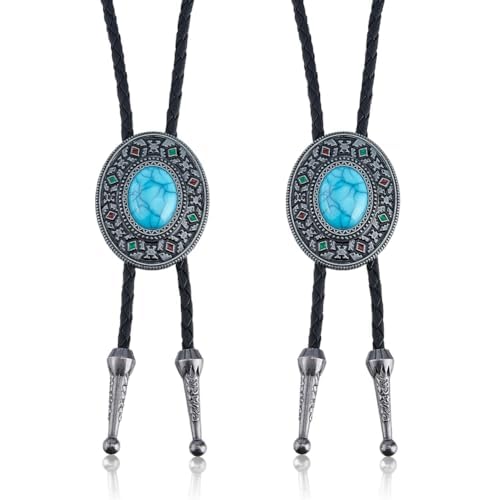 DICOSMETIC 1/2 pièce Cravate Western Cowboy Bolo Tie Cravate Western en cuir réglable avec pierre de turquoise artificielle Cravate Bolo Western collier...