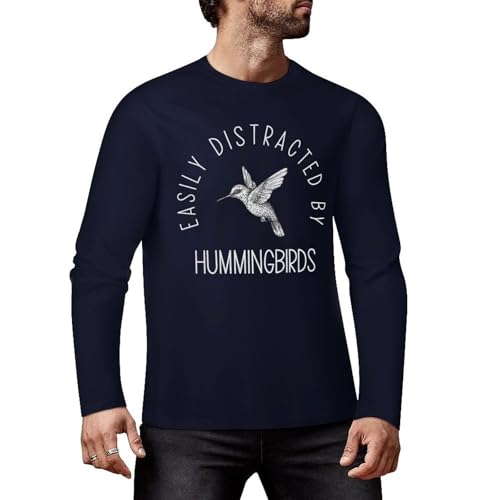 Camiseta de manga larga de algodón de primera calidad con diseño gráfico de fácil distracción por colibríes para hombres y mujeres, Estilo azul marino, S