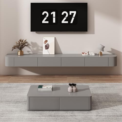 HYANXUE Floating TV Unit with Flip-Down Doors & Drawers 300cm Wall Mounted TV Stand, Storage TV Bench Under TV for Bedroom Livingroom (Gray)
